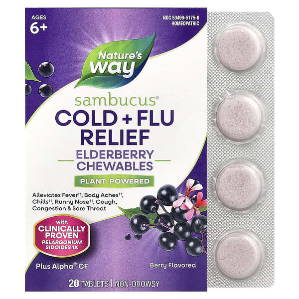 Sambucus®, Cold + Flu Relief, Elderberry Chewables, Ages 6+, Berry, 20 Tablets