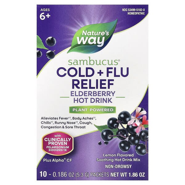 Sambucus®, Cold + Flu Relief, Elderberry Hot Drink, Ages 6+, Lemon, 10 Packets, 0.186 oz (5.3 g) Each