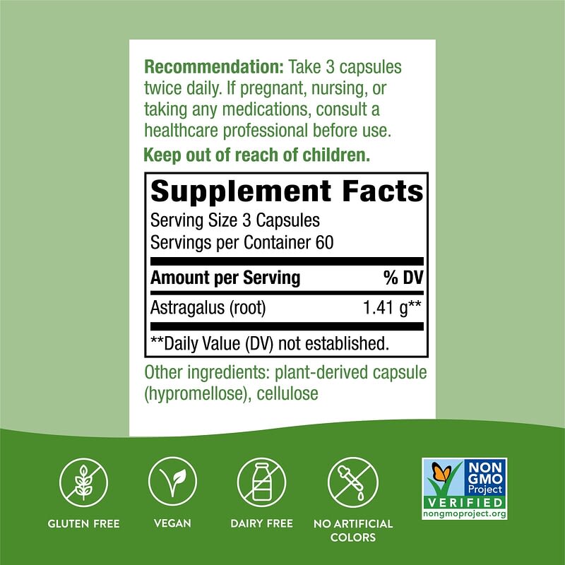 Nature's Way, キバナオウギ(レンゲ)根、470 mg、ヴィーガンカプセル180粒