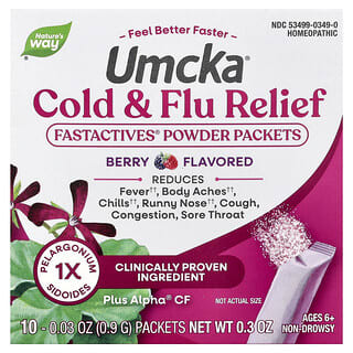 ناتشرز واي‏, Umcka® ، علاج نزلات البرد والإنفلونزا Fastactives® ، للأعمار من 6 سنوات فما فوق ، التوت ، 10 أكياس ، 0.03 أونصة (0.9 جم) لكل كيس