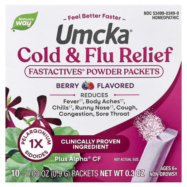 Nature's Way, Umcka®, 감기 + 독감 완화 Fastactives® 분말 팩, 6세 이상, 베리 맛, 10팩, 각 0.9g(0.03oz)
