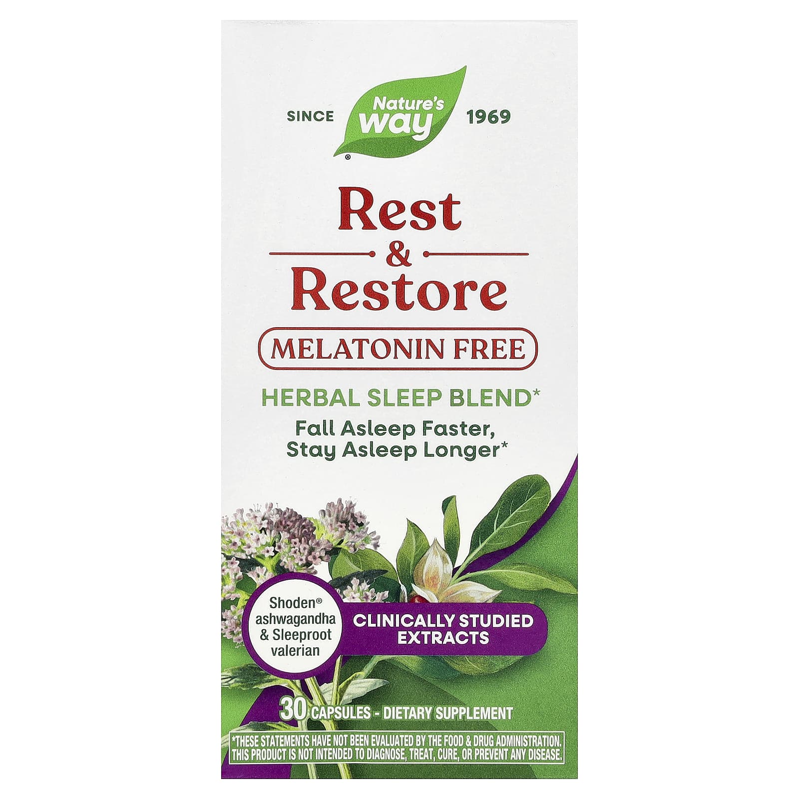 Nature's Way, Rest & Restore, без мелатонина, 30 капсул