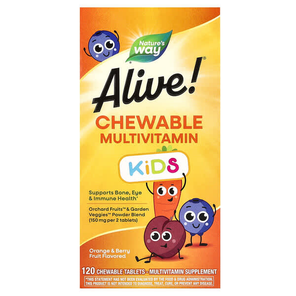ناتشرز واي‏, Alive!‎ أقراص متعدد فيتامينات قابلة للمضغ للأطفال، بنكهة ثمار التوت، 120 قرصًا قابلًا للمضغ