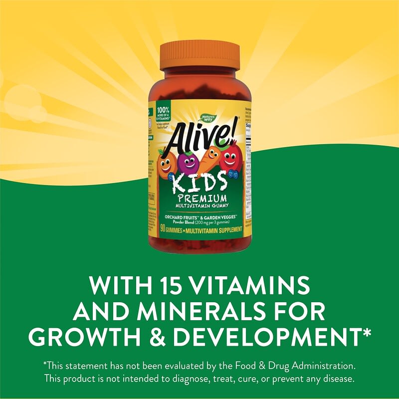 ناتشرز واي‏, Alive! فيتامينات متعددة ممتازة للأطفال، بنكهات الكرز والبرتقال والعنب، 90 علكة