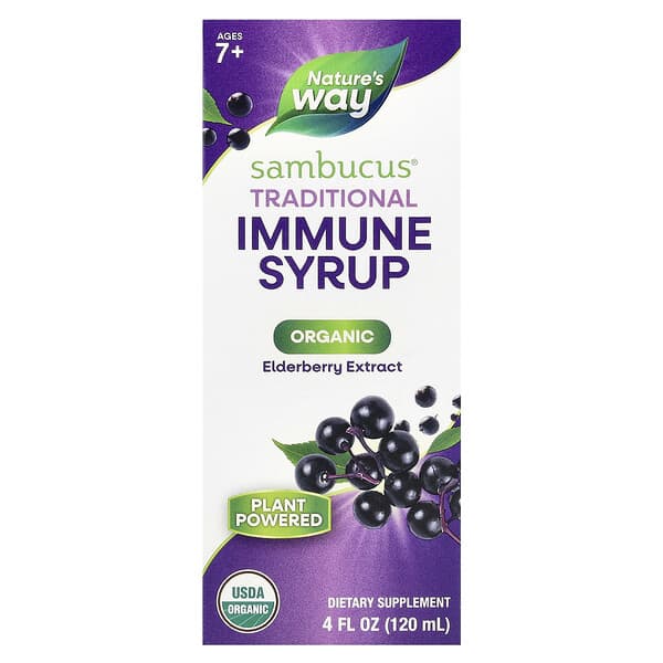 Nature's Way Sambucus®, Traditional Immune Syrup, Organic Elderberry Extract, Ages 7+, 50 mg, 4 fl oz (120 ml)