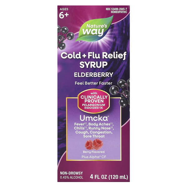 Cold + Flu Relief Syrup, Elderberry, Umcka®, Ages 6+, Berry, 4 fl oz (120 ml)