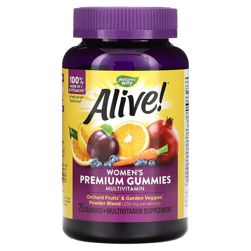 Alive! Gommes premium pour femmes, Multivitamines, Raisins, cerises,  myrtilles américaines et baies d'açaï, 75 gommes
