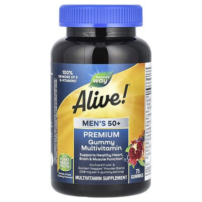 Nature's Way, Alive! Premium Gummies for Men 50+, Complete Multivitamin, Orange, Grape & Cherry Flavors, 75 Gummies