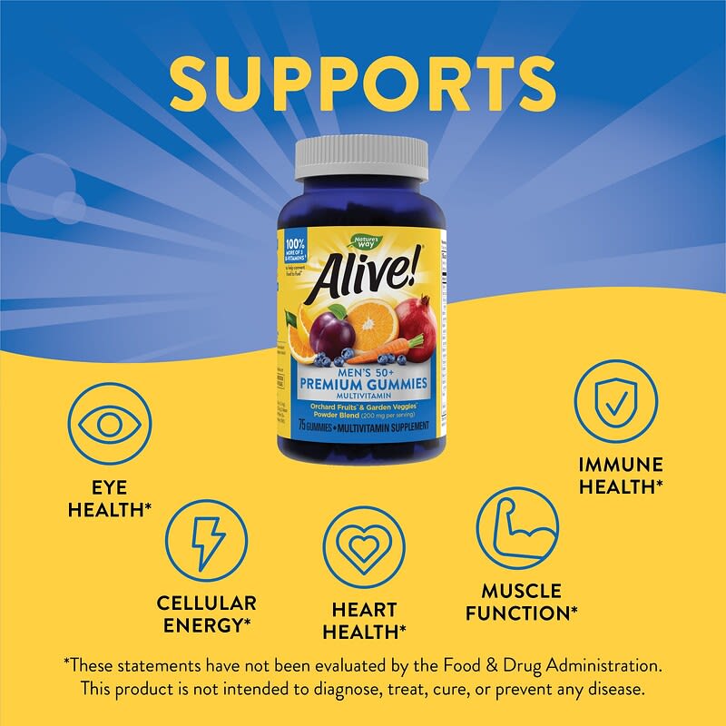 Alive! Gommes premium pour hommes de 50 ans et plus, Multivitamines  complètes, Orange, raisin et cerise