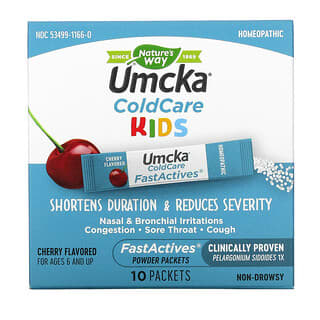 Nature's Way, Umcka ColdCare, FastActives, Suplemento de acción rápida para el alivio de los síntomas del resfriado, Para niños de 6 años en adelante, Cereza, 10 sobres de suplemento en polvo