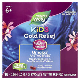 Nature's Way, Umcka ColdCare, FastActives, Suplemento de acción rápida para el alivio de los síntomas del resfriado, Para niños de 6 años en adelante, Cereza, 10 sobres de suplemento en polvo