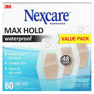 Nexcare, Waterproof Bandages, Max Hold, 60 One Size Bandages