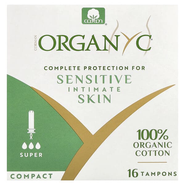 Organyc, 유기농 면 탐폰, 컴팩트, 슈퍼, 탐폰 16개