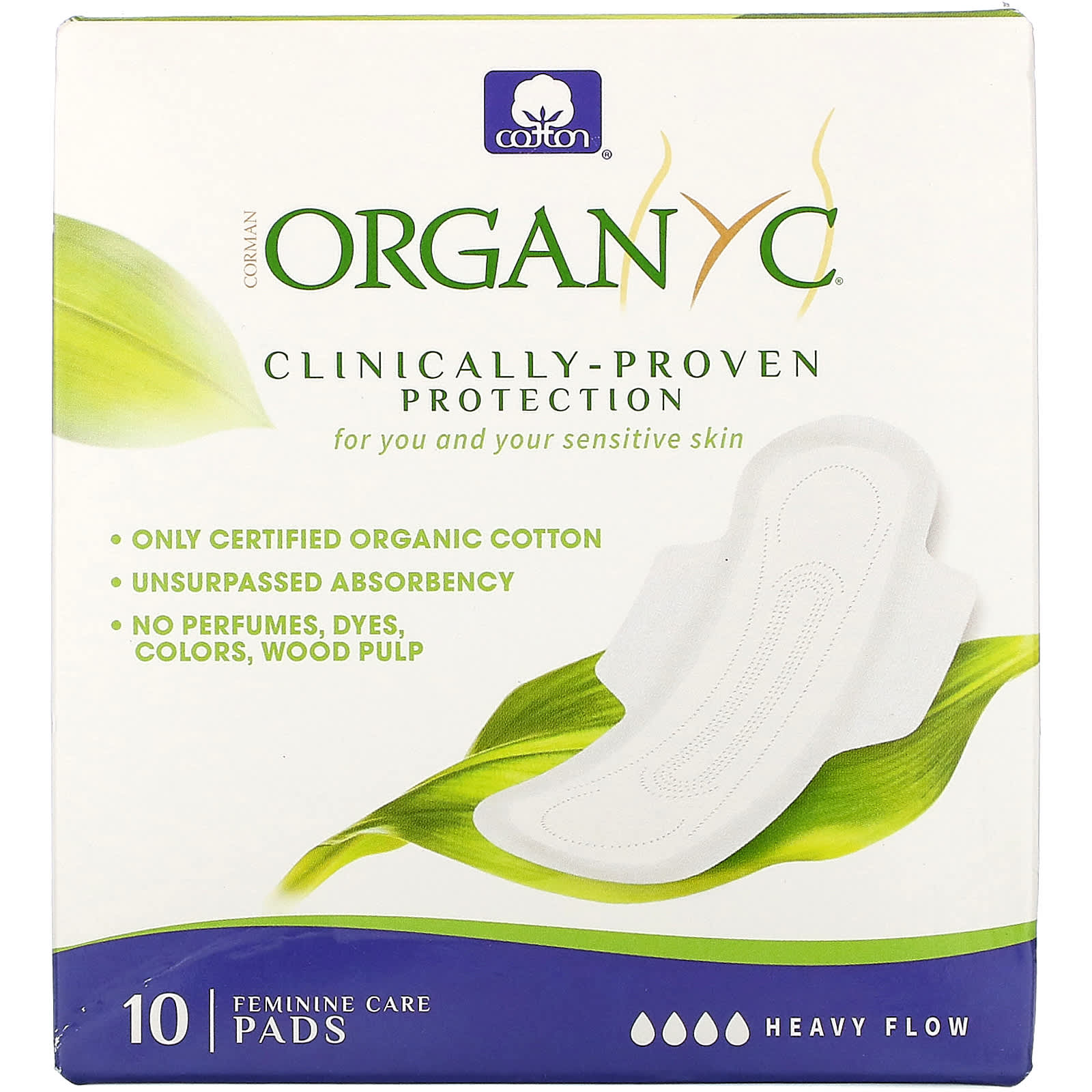 Organyc, Organic Cotton Pads, Heavy Flow, 10 Pads