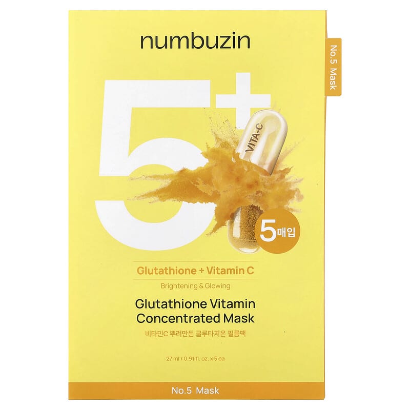 No.5 Glutathione Vitamin Concentrated Beauty Mask, 5 Sheets, 0.91 fl oz (27 ml) Each