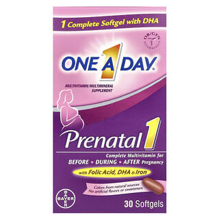 One-A-Day, Prenatal 1 con ácido fólico, DHA y hierro, Suplemento multivitamínico / multimineral, 30 cápsulas blandas