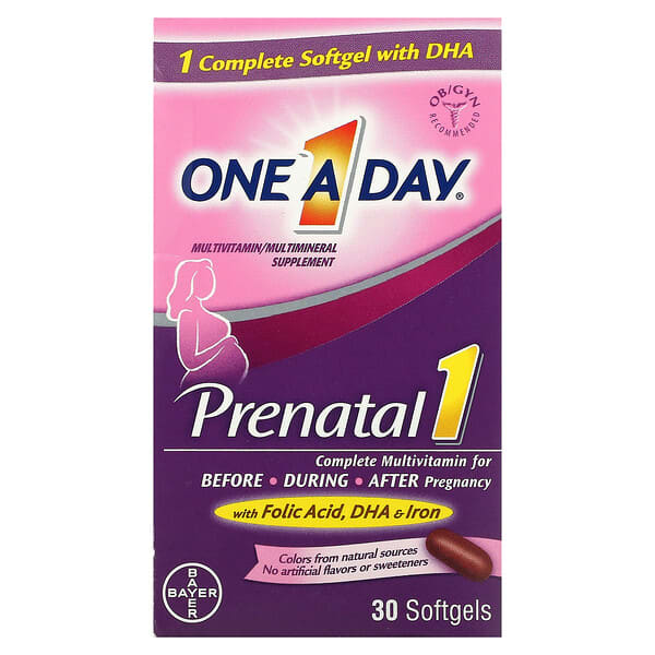 One-A-Day, Prenatal 1 mit Folsäure, DHA und Eisen, Multivitamin-/Multimineralstoff-Ergänzungsmittel, 30 Weichkapseln