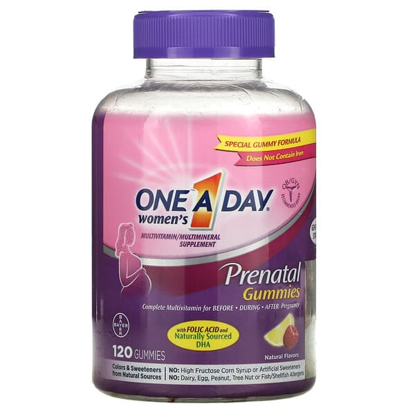 One-A-Day, Gomitas prenatales para mujeres con ácido fólico y DHA, Suplemento multivitamínico y multimineral, 120 gomitas
