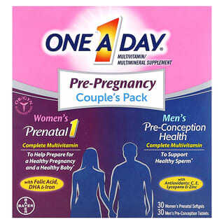 One-A-Day, Embalagem Pré-natal para Casais, Pré-natal para Mulheres e Saúde para Homens, 30 Cápsulas Softgel para Mulheres, 30 Comprimidos para Homens.