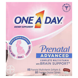 One-A-Day, Prenatal avanzado, Suplemento multivitamínico completo con refuerzo cerebral, 60 cápsulas blandas de multivitaminas prenatales y 60 comprimidos de colina prenatal