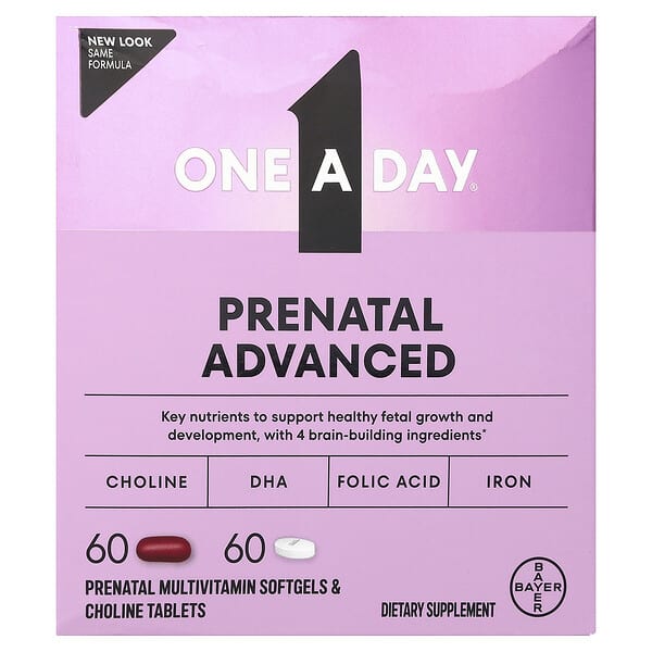 One-A-Day, 임산부용 어드밴스드, 두뇌를 지원하는 컴플리트 종합비타민, 임산부용 종합비타민 소프트젤 60정 & 임산부용 콜린 60정