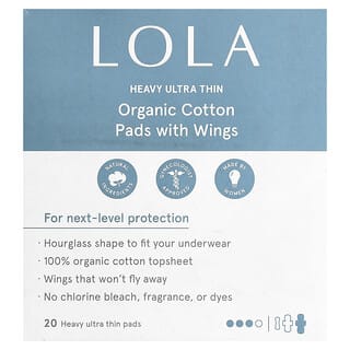 Lola, Compresas de algodón orgánico con alas, Gruesas, Ultradelgadas, 20 almohadillas