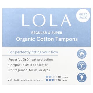 Lola, Tampones de algodón orgánico con aplicadores de plástico, Normal y Super, 20 tampones