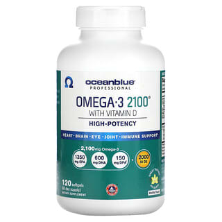 OceanBlue, Professional, Oméga-3 2100 avec vitamine D, Haute efficacité, Vanille, 120 capsules à enveloppe molle