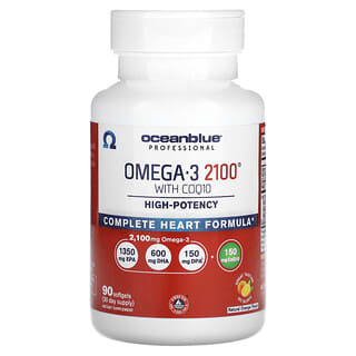 OceanBlue, Professional, Oméga-3 2100 avec COQ10, Haute efficacité, Orange naturelle, 90 capsules à enveloppe molle