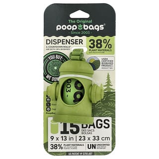 Original Poop Bags, Bag Dispenser + Bags, Green, Unscented , 1 Dispenser, 15 Bags