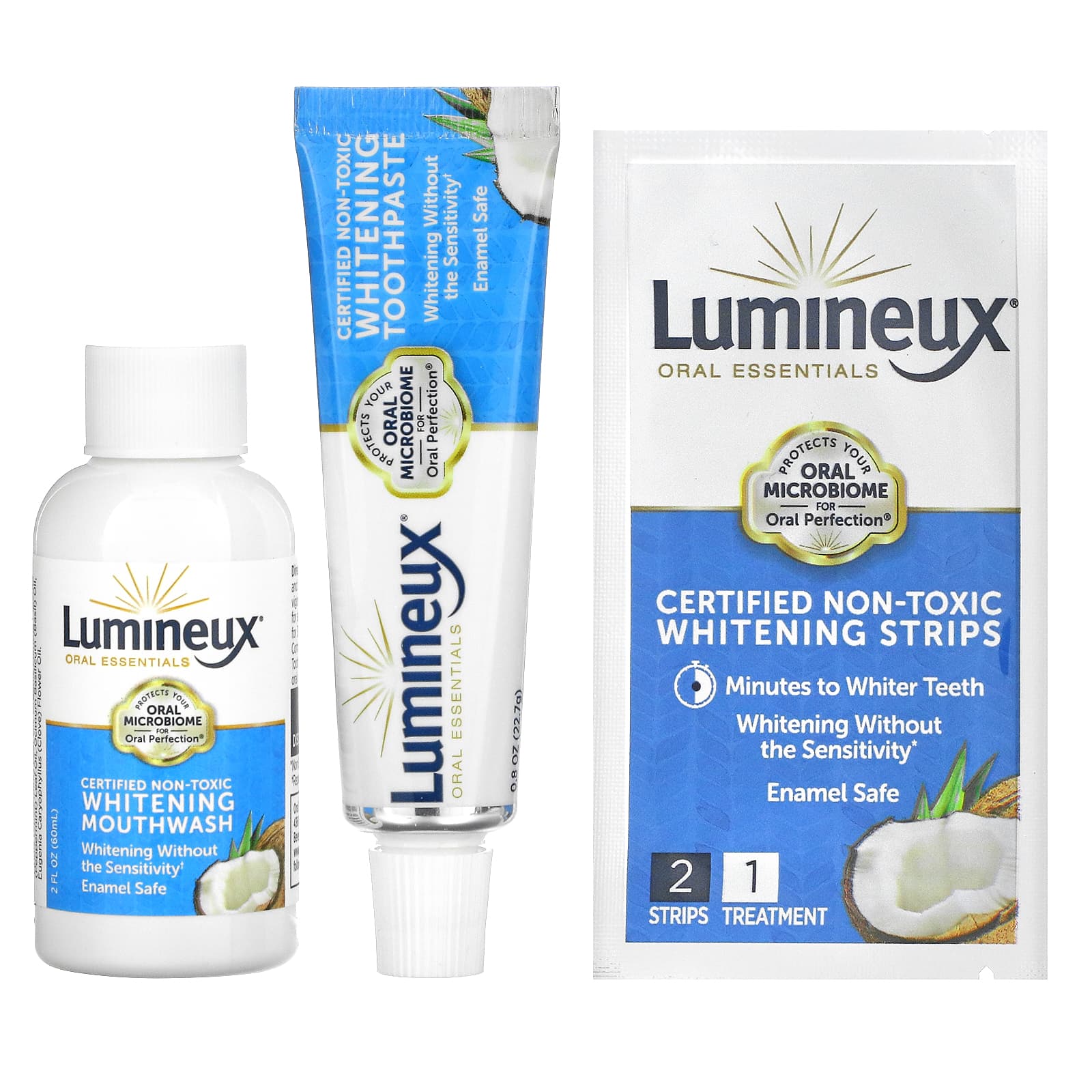 Lumineux Oral Essentials, ホワイトニングストリップ、28本 +ボーナスのマウスウォッシュ・歯磨き、28本