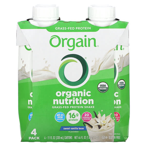 Orgain, Organic Nutrition, Grass-Fed Protein Shake,  Sweet Vanilla Bean, 4 Pack, 11 fl oz (330 ml) Each