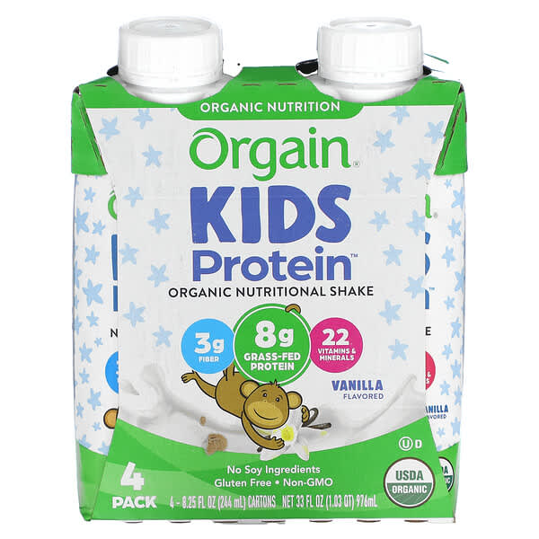 Orgain, Kids Protein（キッズプロテイン）、オーガニック栄養シェイク、バニラ、4本パック、各244ml（8.25液量オンス）