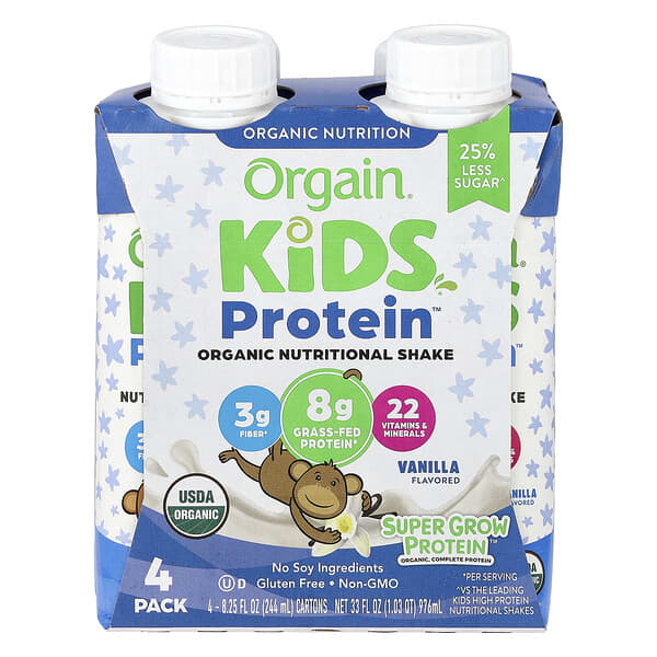 Orgain, Kids Protein™, Batido nutricional orgánico, Vainilla, Paquete de 4 unidades, 244 ml (8,25 oz. líq.) cada una