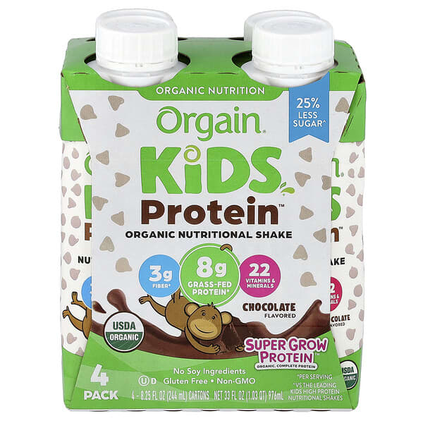 Orgain, Kids Protein™, Batido nutricional orgánico, Chocolate, Paquete de 4 unidades, 244 ml (8,25 oz. líq.) cada una