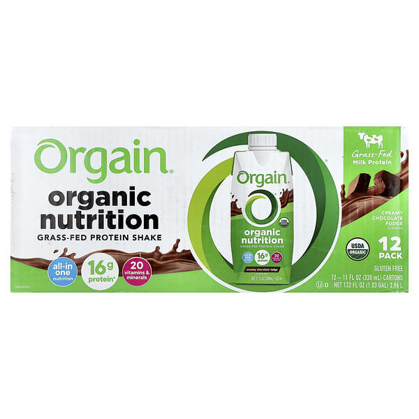 Orgain, Organic Nutrition, Grass-Fed Protein Shake, Creamy Chocolate Fudge, 12 Cartons, 11 fl oz (330 ml) Each (Discontinued Item) — product photo 1