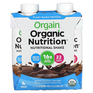 Orgain, Organic Nutrition, питательный коктейль, гладкий шоколад, 4 пакетика по 330 мл (11 жидк. Унций)