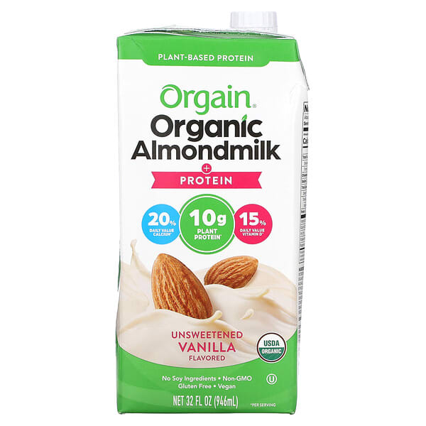 Orgain, Organic Almondmilk  + Protein, Plant-Based, Unsweetened Vanilla, 32 fl oz (946 ml)