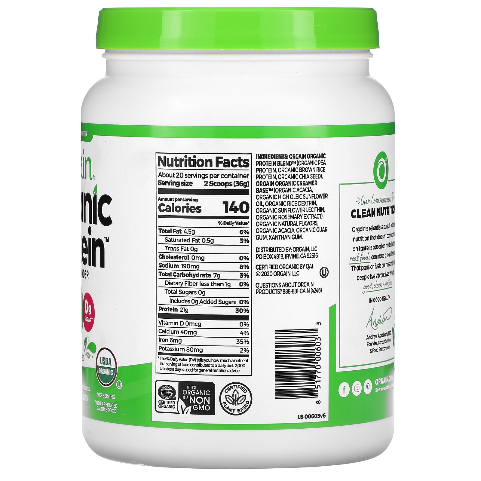 Orgain, Organic Protein Powder, Plant Based, Natural Unsweetened, 1.59 ...