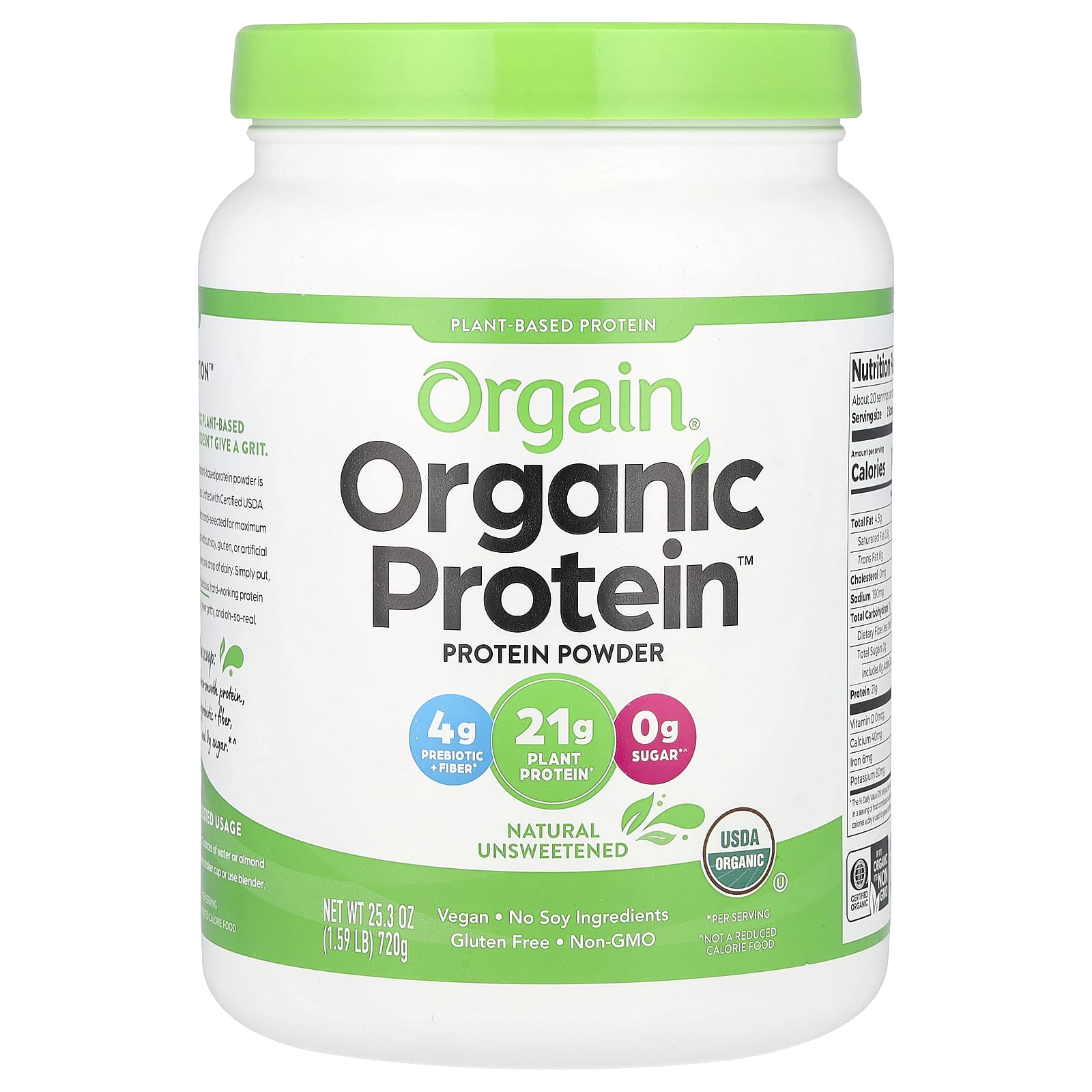 Orgain, Organic Protein Powder, Plant Based, Natural Unsweetened, 1.59 ...