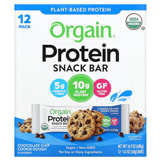 Orgain, Barra de proteína de origen vegetal, Masa de galleta con chips de chocolate, 12 Barras, 1.41 oz (40 g) c/u