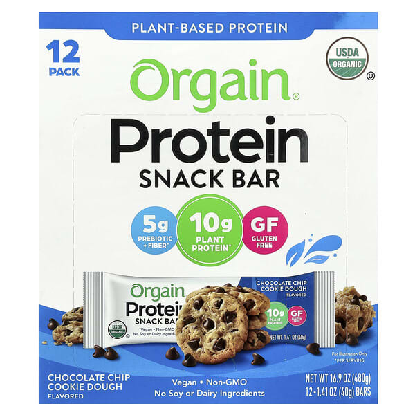 Plant-Based Protein Snack Bar, Chocolate Chip Cookie Dough, 12 Bars, 1.41 oz (40 g) Each