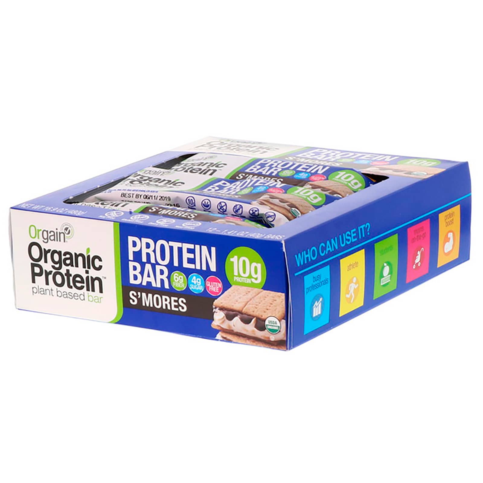 Orgain, Organic PlantBased Protein Bar, S'mores, 12 Bars, 1.41 oz (40
