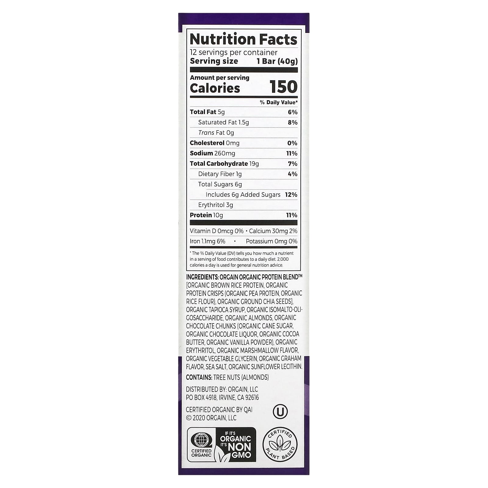 Orgain, Organic PlantBased Protein Snack Bar, S'mores, 12 Bars, 1.41