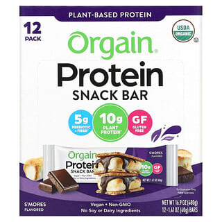 Orgain, Organic Plant-Based Protein Snack Bar, S'mores, 12 Bars, 1.41 oz (40 g) Each
