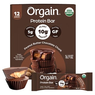 Orgain, Barrita proteica, Mantequilla de maní y trozos de chocolate, 12 barritas, 40 g (1,41 oz) cada una