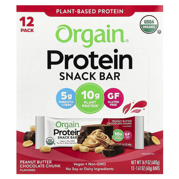 Organic Plant-Based Protein Snack Bar, Peanut Butter Chocolate Chunk, 12 Bars, 1.41 oz (40 g) Each