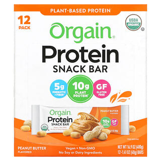 Orgain, Barre Protéinée Bio à Base de Plantes, Beurre de Cacahuètes, 12 Barres, 1.41 oz (40 g) chacune
