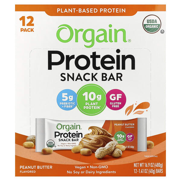 Orgain, 식물성 단백질 스낵 바, 땅콩 버터, 바 12개, 각 40g(1.41oz)
