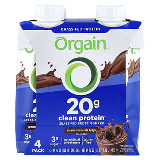 Orgain, Clean Protein Shake, Cremet Chokolade Fudge, 4-pakning, 330 ml pr. stk.